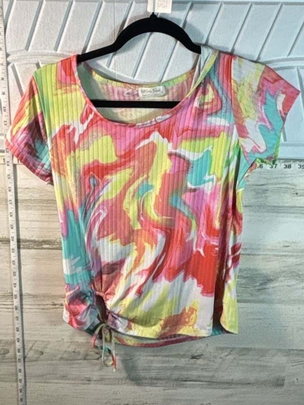 Full Circle Trends Women's Multicolor Abstract Swirl Print Ruched Short Sleeve